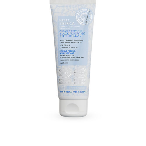 Mascarilla exfoliante negra Natura Siberica purificante para piel grasa y mixta, 75 ml de fórmula orgánica con carbón de abedul