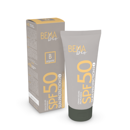 Crema solar protección alta SPF50+ Bema Cosmetici en tubo blanco - fórmula natural para piel sensible