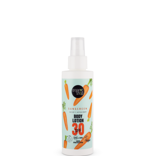 Loción corporal protección solar zanahoria SPF30 de Organic Shop en envase de 150 ml