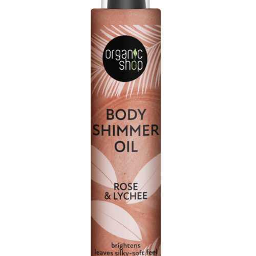 Aceite body shimmer rosa y lichi de Organic Shop, 100 ml, para iluminar e hidratar la piel