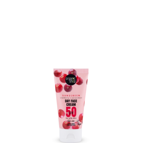 Crema solar facial SPF50 Organic Shop con arándano rojo y antioxidantes, 50 ml