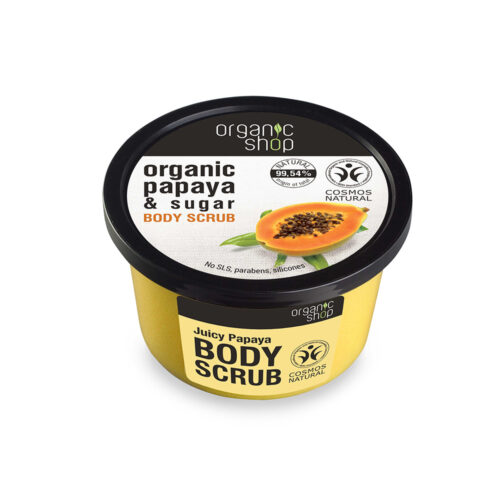 Exfoliante corporal papaya y azúcar de Organic Shop, bote de 250 ml para limpiar y renovar la piel