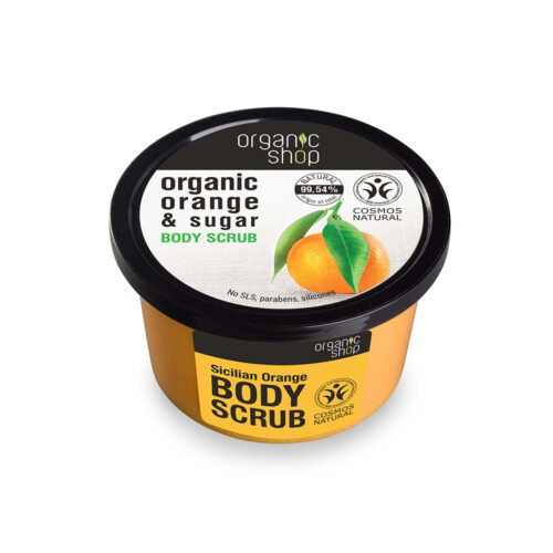 Exfoliante corporal naranja y azúcar de Organic Shop en envase de 250 ml