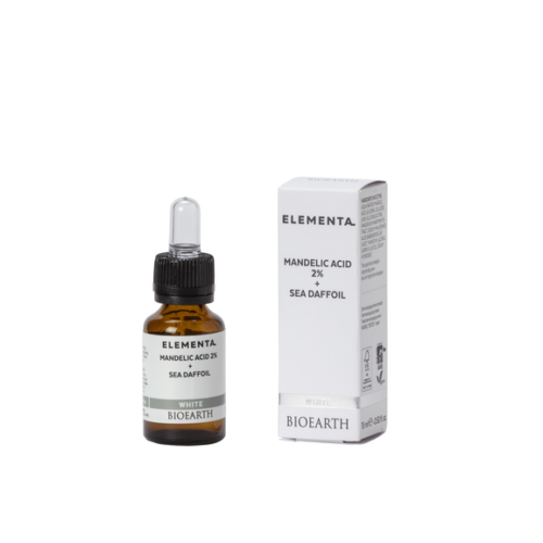 Frasco de sérum ácido mandélico 2% Bioearth con azucena de mar en etiqueta, 15 ml